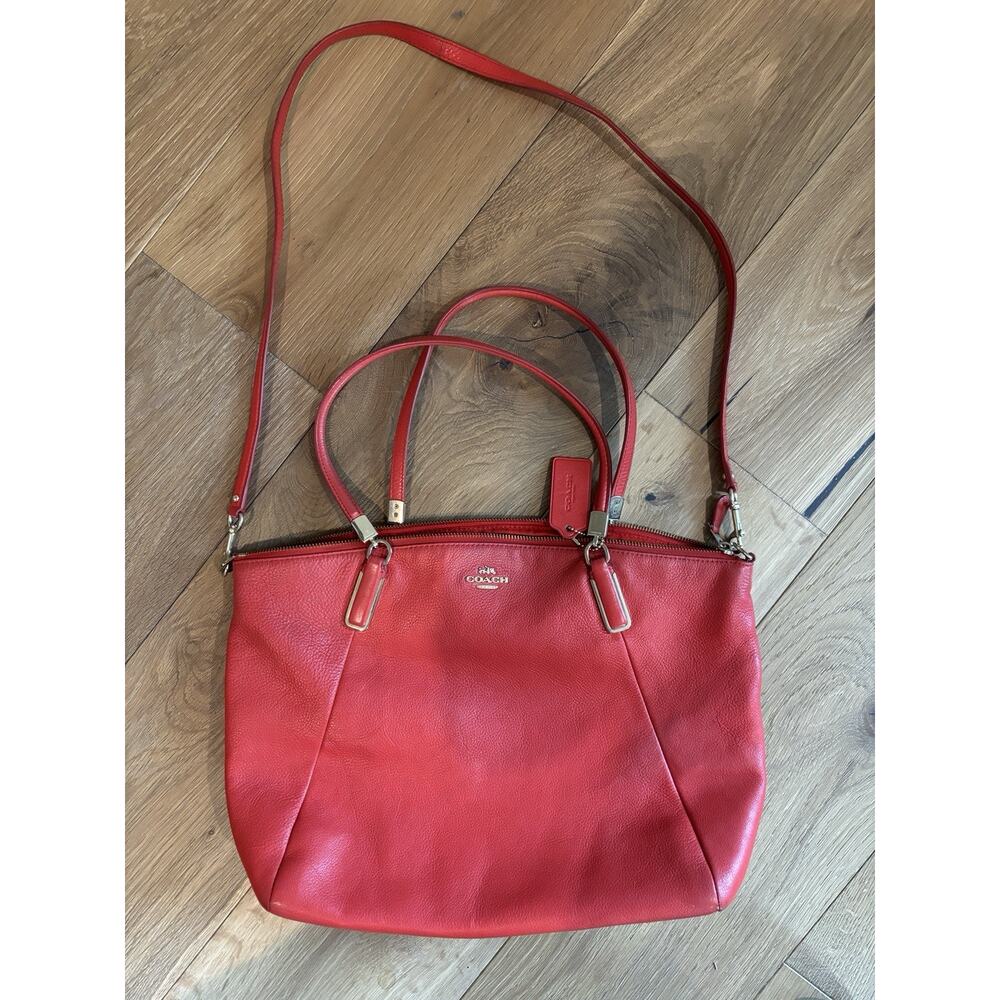 Coach Red Orange Pebbled Leather Large Tote Shoulder Crossbody Bag
